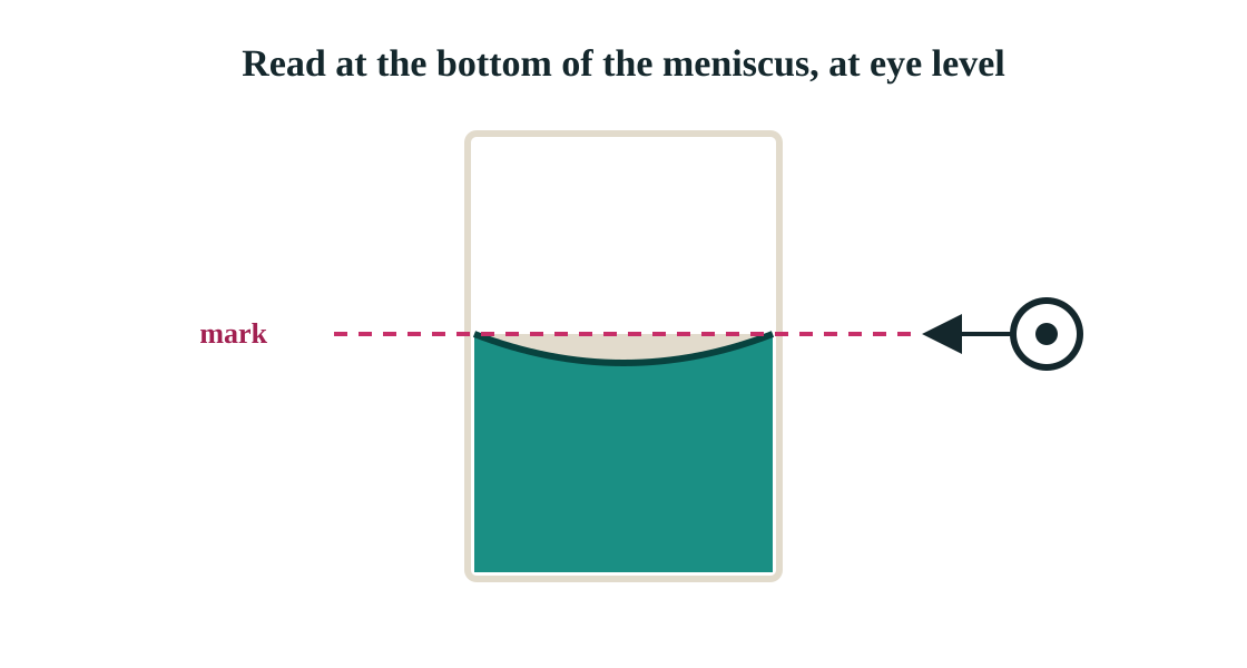 Read the bottom of the meniscus at eye level, level with the calibration mark.